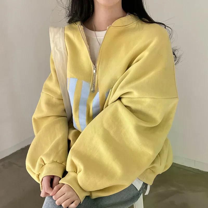 여친룩 데이트룩 가을 세련된 스탠드 칼라 컬러 느슨한 긴 소매 스웨터 여성 유행 캐주얼웨어 Yellow All yards - 상세 이미지 4