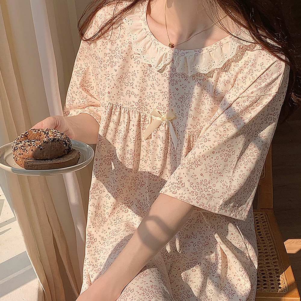 잔꽃 꽃무늬 플라워 원피스 홈웨어 잠옷 아이보리 - 상세 이미지 4