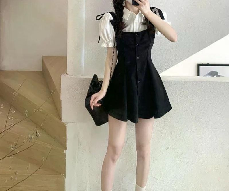 여친룩 데이트룩 여성용 투피스 블랙 캐주얼 미니 드레스 스타일 대학 심플 트렌디 여름 고스 섹시한 파티 원피스 블랙 원피스 S (40-47KG) - 상세 이미지 3