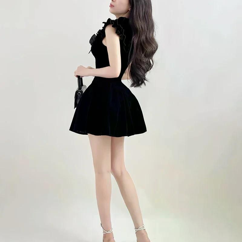 여친룩 여성용 우아한 벨벳 블랙 미니 드레스 민소매 A라인 한국 패션 생일 파티 코케트 섹시한 볼룸 원피스 Black M - 상세 이미지 5