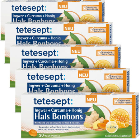 [해외]tetesept 20 x 5pac 꿀 독일 제조 식물성 인후 파스틸 생강 커큐마 면역 체계 아연 비오틴 함유
