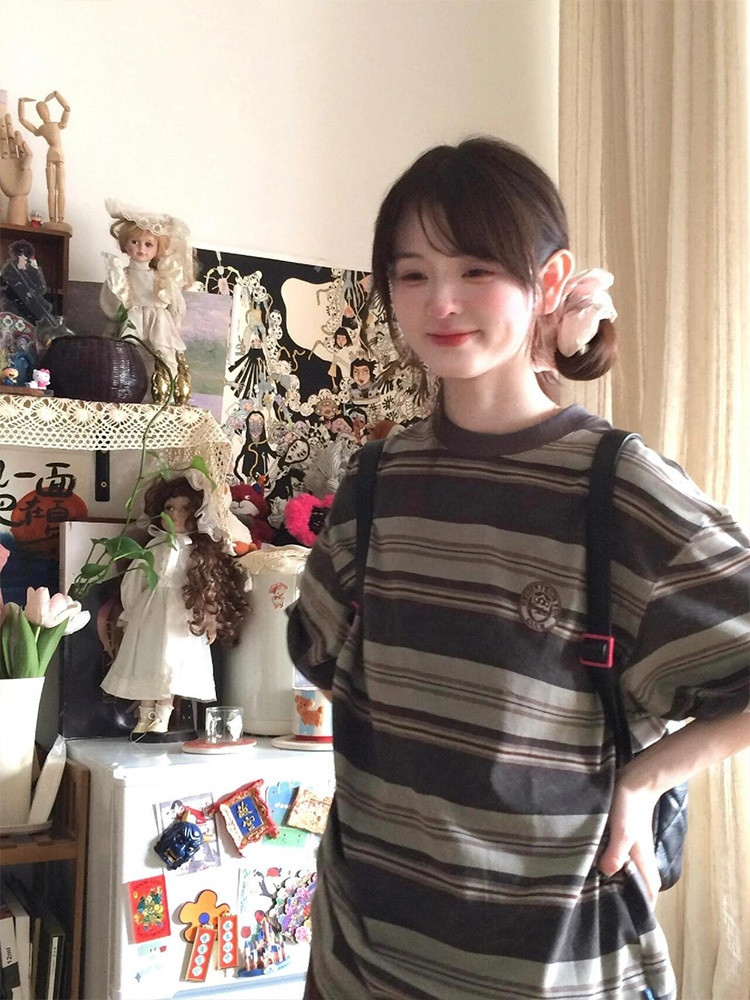 수지 반팔 티셔츠 인스타그램 스트라이프 빅사이즈 의상 옷 패션 - 상세 이미지 2