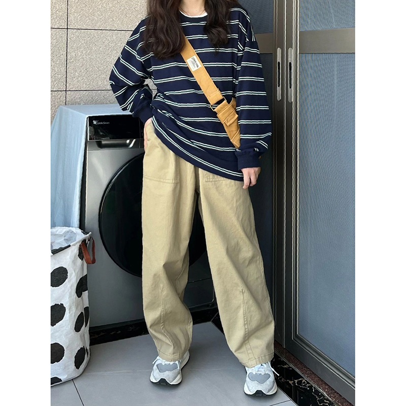 스트라이프 긴팔 티셔츠 루즈핏 여자 유명인 스타일 기자회견 힙한 우라하라 패션 코디 블루 - 상세 이미지 5