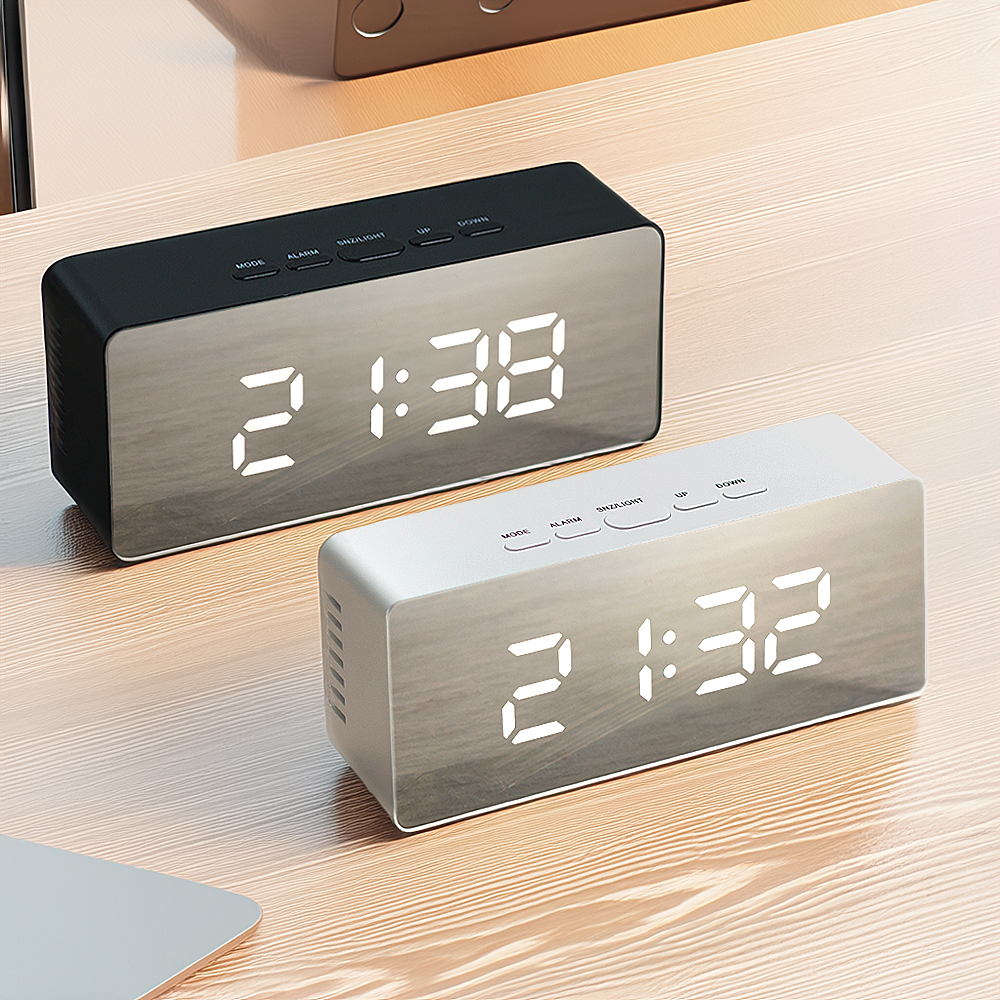 레토 무소음 알람 LED시계 LLC-P02 직각테두리 거울 탁상용 온도계