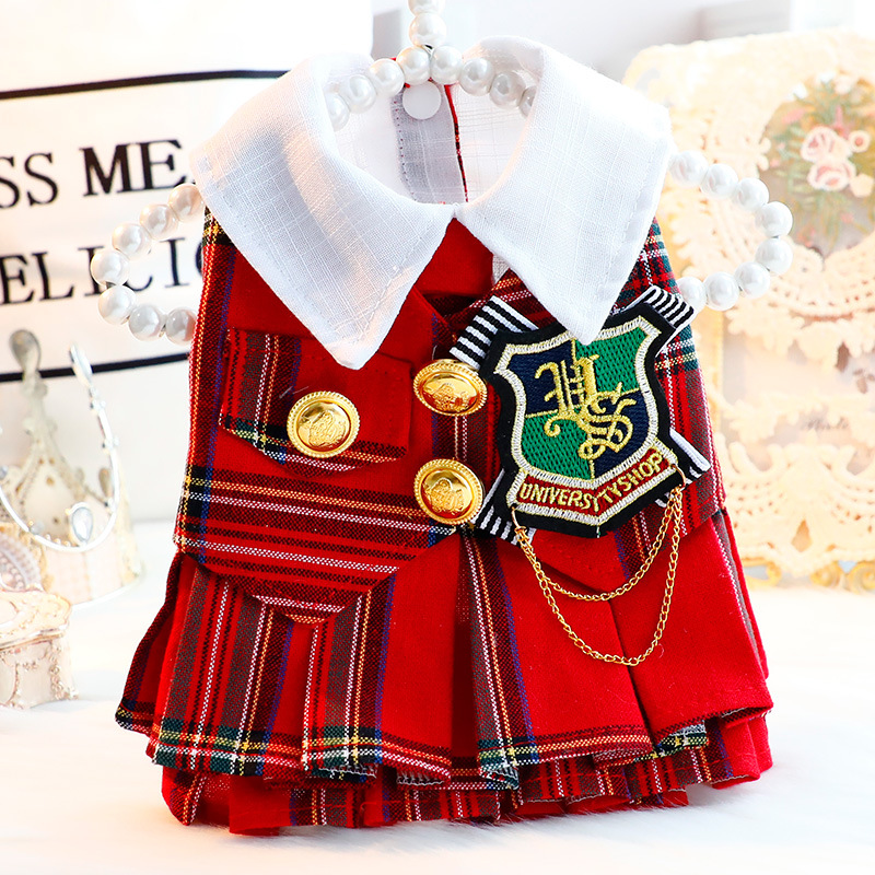 강아지 옷 봄 가을용 고양이 공주 드레스 귀족 학교복 스타일 프레피룩 레드 체크 원피스 - 상품 이미지