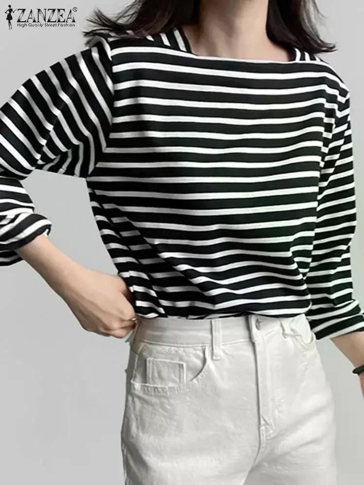 여친룩 여성용 스트라이프 블라우스 우아한 스퀘어 넥 긴팔 상의 캐주얼 셔츠 여성 파티 패션 Black S - 상세 이미지 5
