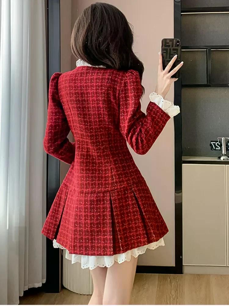 프렌치 라이트 럭셔리 트위드 플리츠 원피스 긴팔 하트 모양 버클 프릴 시크한 오피스 레이디 빈티지 드레스 한국 스위트 Red S 이미지 6
