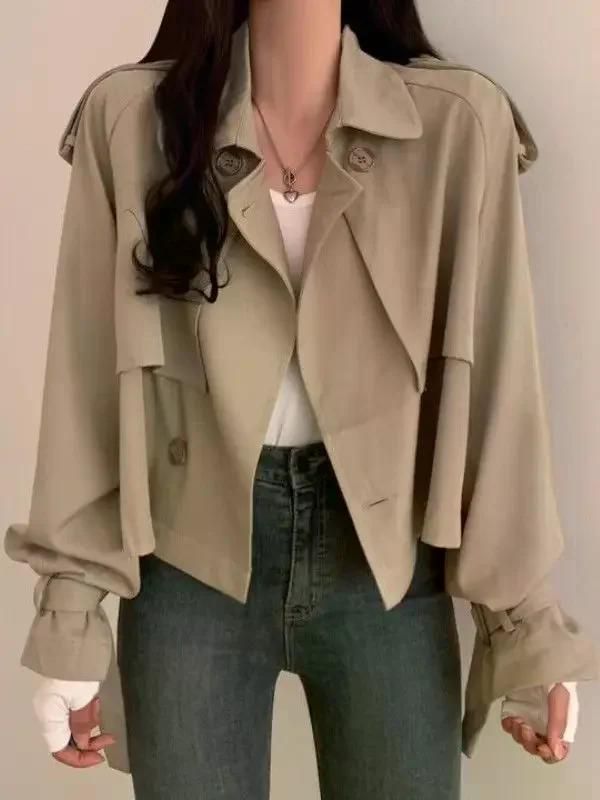 여친룩 데이트룩 웨스턴 짧은 트렌치 코트 이른 가을 겉옷 여성 확대 작은 느슨한 슬리밍 탑 블랙 S (49.5kg 미만) - 상세 이미지 2