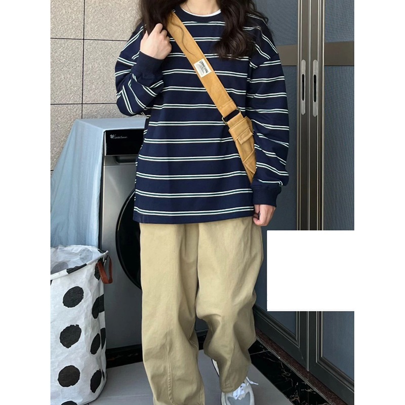스트라이프 긴팔 티셔츠 루즈핏 여자 유명인 스타일 기자회견 힙한 우라하라 패션 코디 블루 - 상세 이미지 3