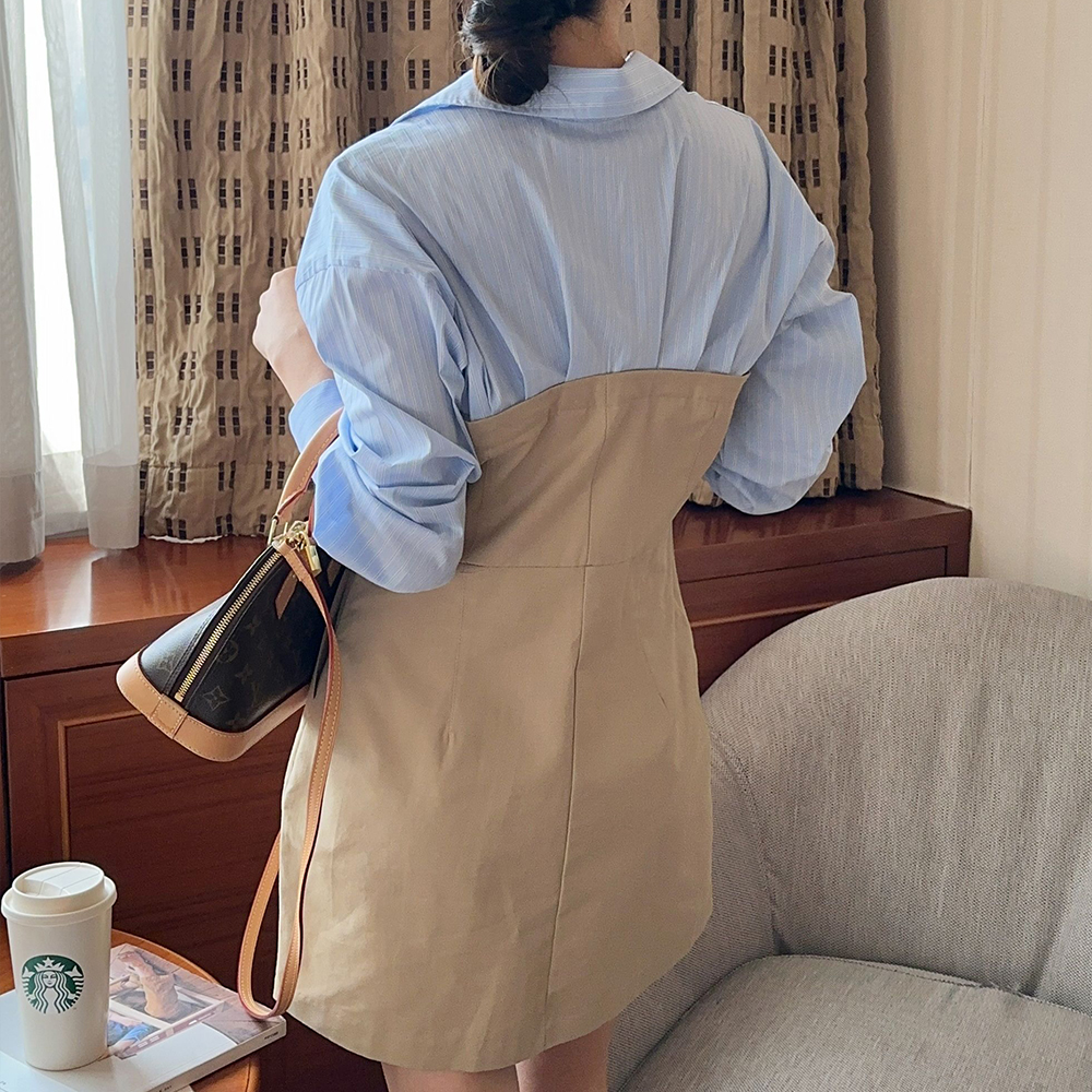 셔츠형 하객 미니 원피스 배색 h라인원피스 결혼식 하객룩