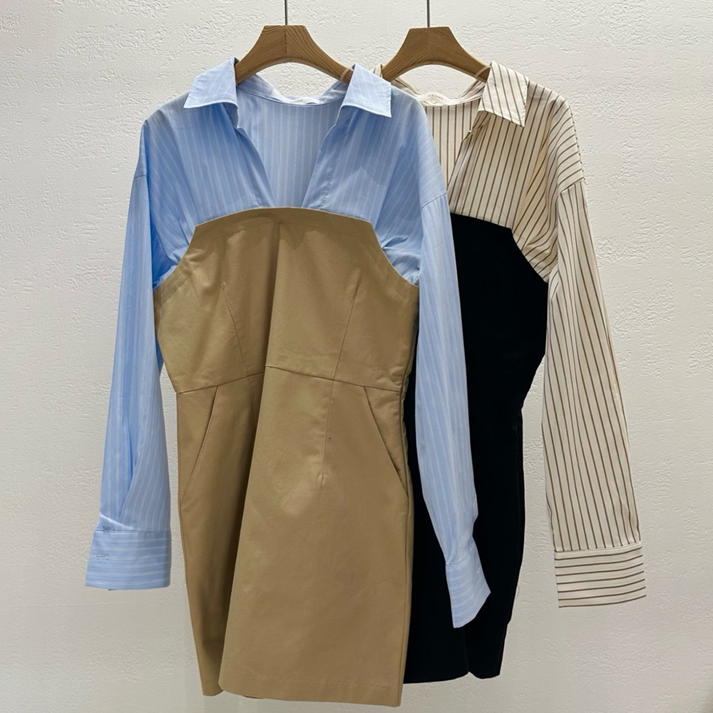 셔츠형 하객 미니 원피스 배색 h라인원피스 결혼식 하객룩