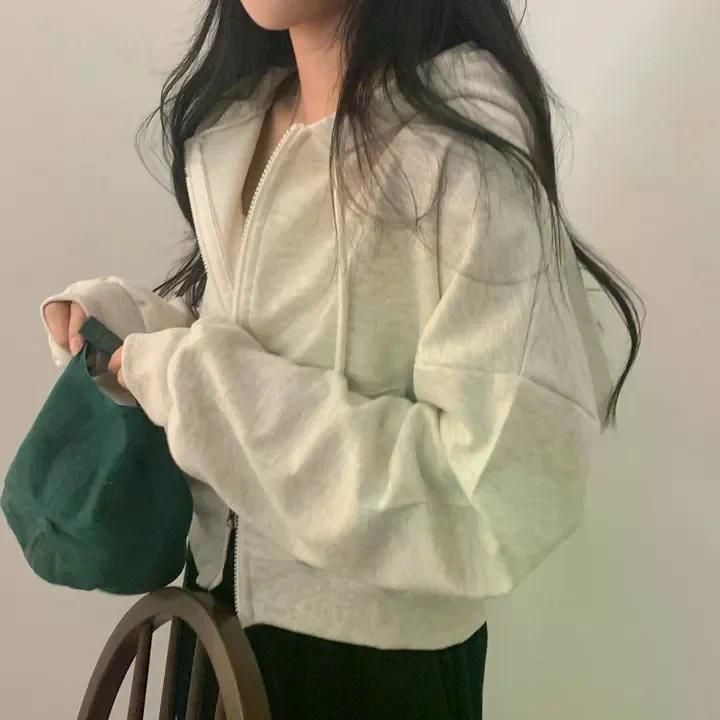 여친룩 데이트룩 올 매칭 후드 더블 오픈 집업 디자인 느슨한 캐주얼 긴 소매 짧은 겉옷 Black - 상세 이미지 4