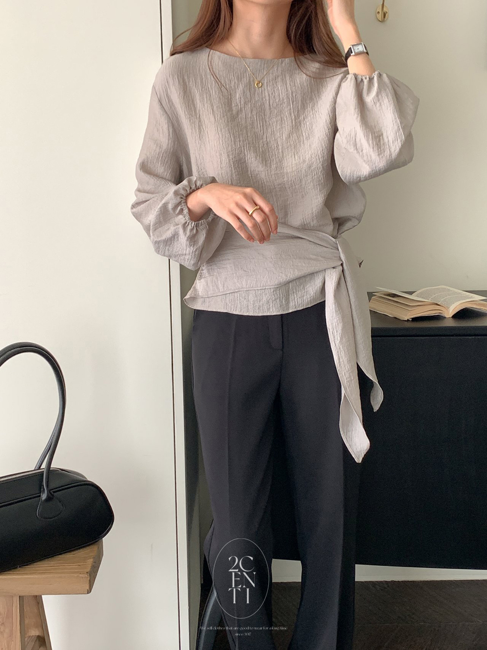 허슬 리본 랩블라우스 (3color) 하객 리본 무지 하객룩 블라우스 이미지 8