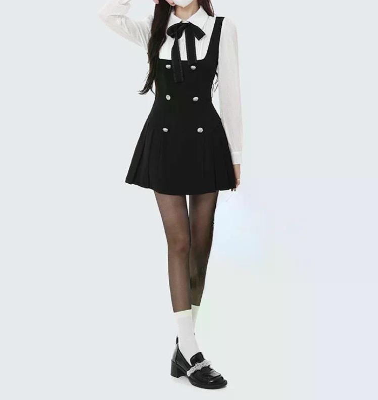 여친룩 데이트룩 긴 소매 리본 슬림 드레스 캐주얼 미니 짧은 파티 페이크 투피스 우아한 Mini dress S