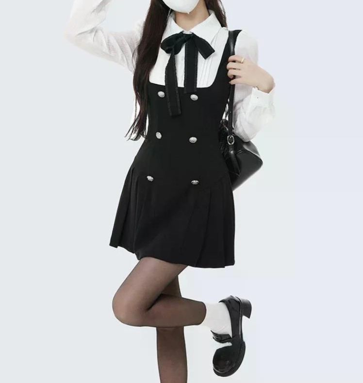 여친룩 데이트룩 긴 소매 리본 슬림 드레스 캐주얼 미니 짧은 파티 페이크 투피스 우아한 Mini dress S