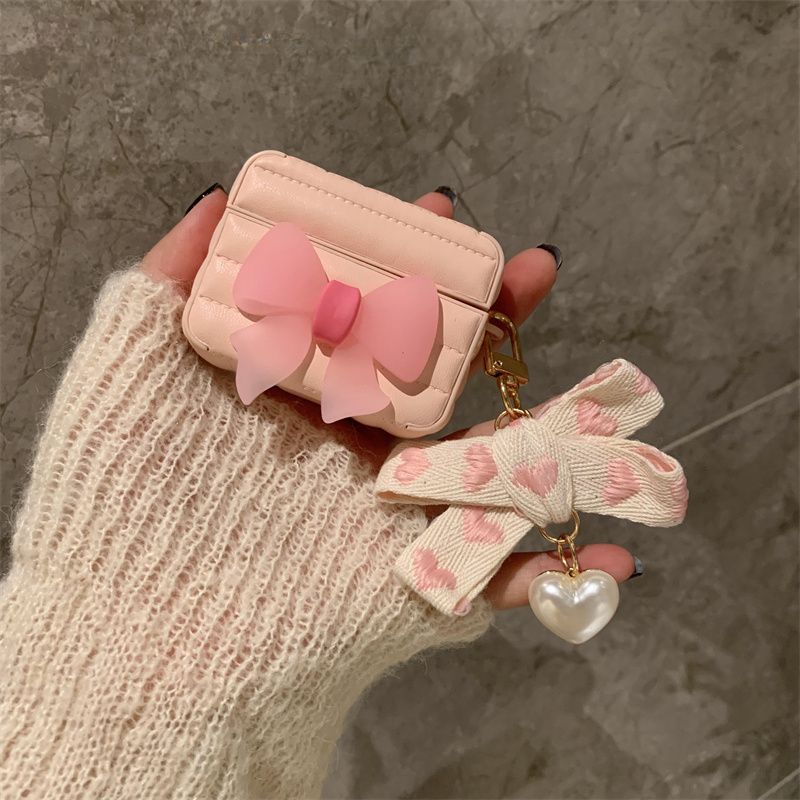 에어팟 프로2 케이스 왕리본 핑크 가죽 커버 스트랩 다운재킷핑크리본+핑크서클 Apple Airpods 1/2세대 - 상세 이미지 3