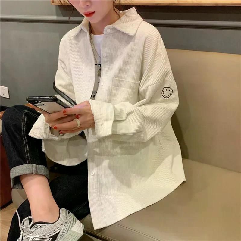여친룩 여성용 캐주얼 통근 루즈 코듀로이 셔츠 긴팔 트렌디 다용도 가을 신상 파란 S - 상세 이미지 3
