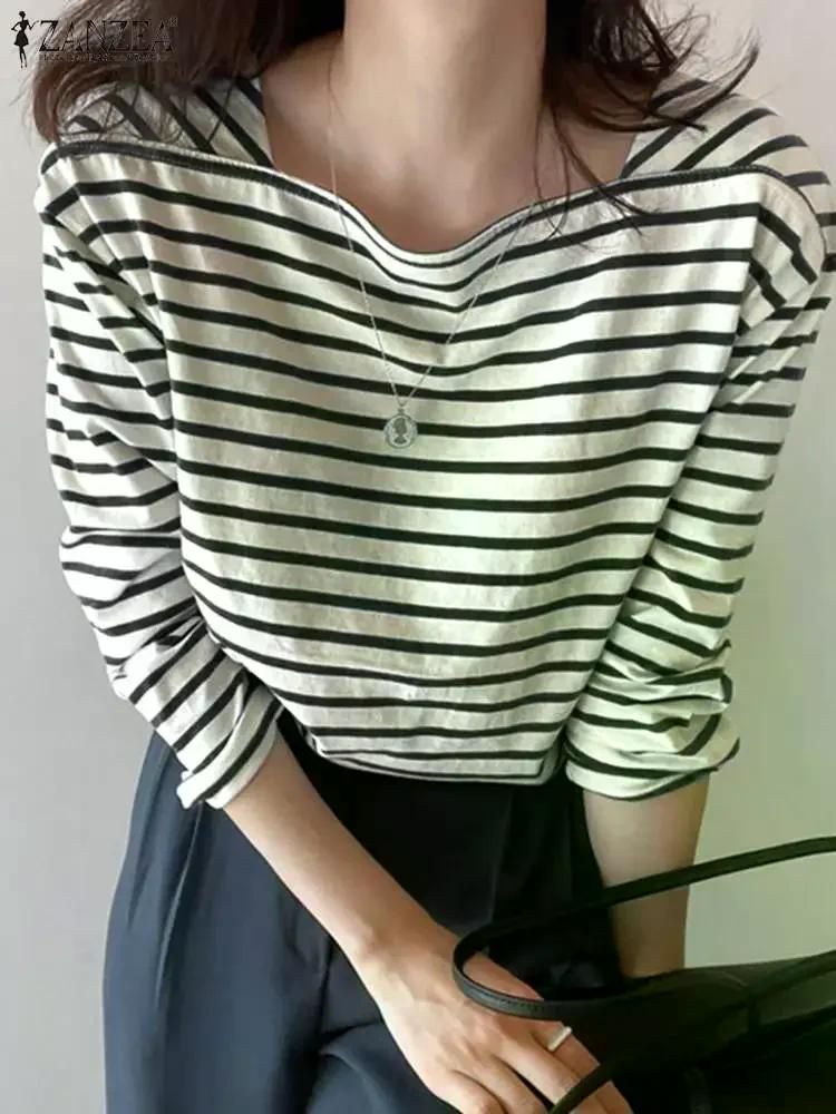 여친룩 여성용 스트라이프 블라우스 우아한 스퀘어 넥 긴팔 상의 캐주얼 셔츠 여성 파티 패션 Black S - 상세 이미지 2