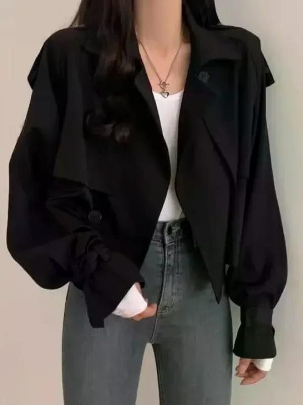 여친룩 데이트룩 웨스턴 짧은 트렌치 코트 이른 가을 겉옷 여성 확대 작은 느슨한 슬리밍 탑 블랙 S (49.5kg 미만) - 상세 이미지 4