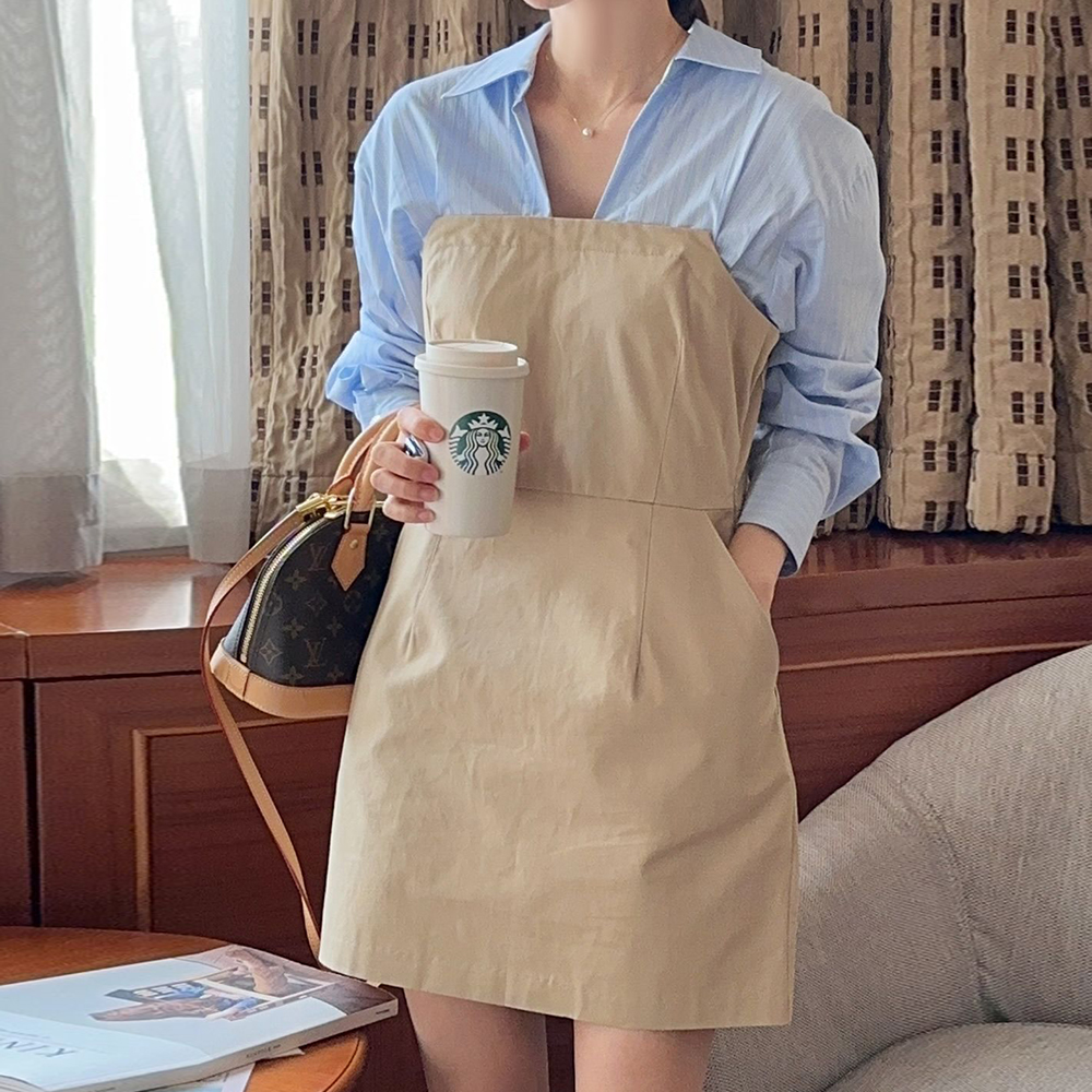 셔츠형 하객 미니 원피스 배색 h라인원피스 결혼식 하객룩