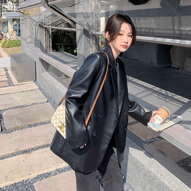 가죽 블레이저 자켓 오버핏 널널한 핏 가을 아우터 - 상세 이미지 3