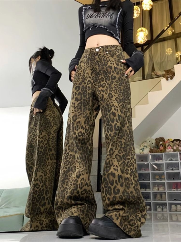 레오파드 남녀공용 와이드팬츠 힙한 프린팅 얇은 아이돌 Y2K 스트릿패션 클럽룩 댄스연습 - 상세 이미지 5