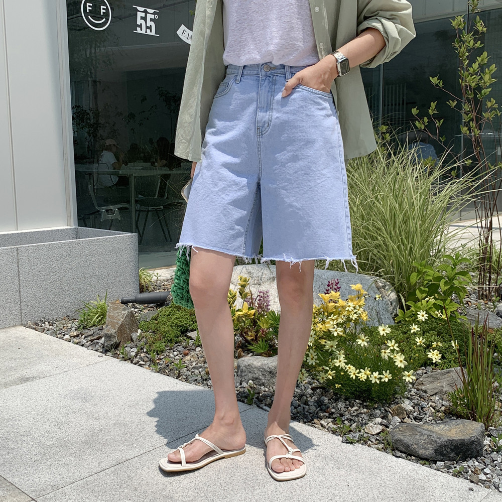 하이웨스트 여자 청 반바지 5부 찢어진 통 여성여름청바지 세미 와이드 데님팬츠 버뮤다팬츠