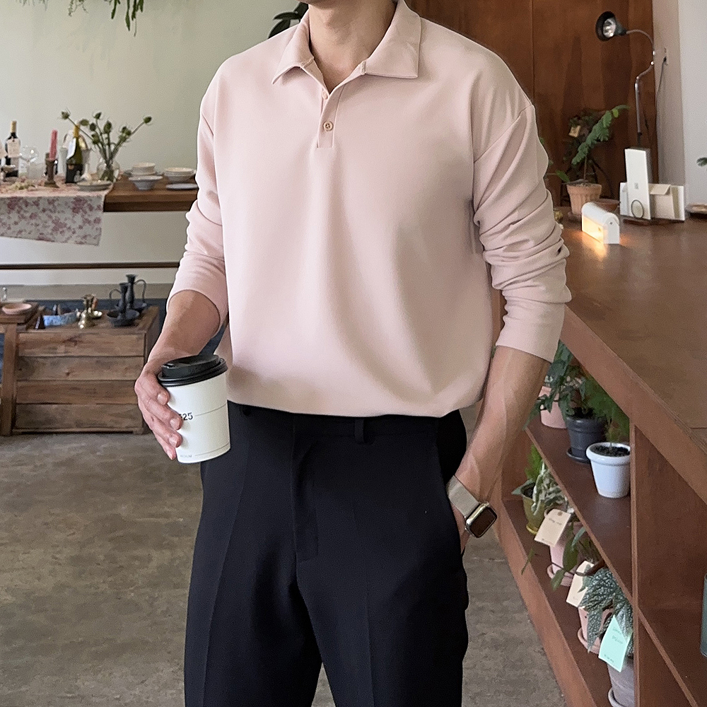 남자 긴팔티 오버핏 봄 가을 헨리넥 남성 카라티 - 상세 이미지 4