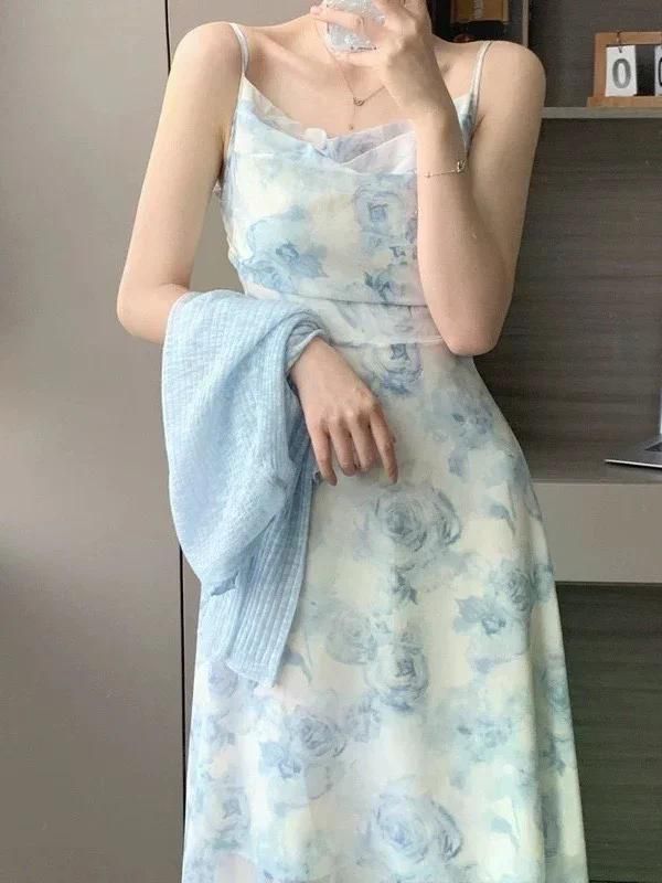 여친룩 데이트룩 사이즈 불멸 쉬폰 꽃 슬링 드레스 여성 여름 새로운 주름 허리 포옹 슬리밍 가디건 셔츠 S - 상세 이미지 2