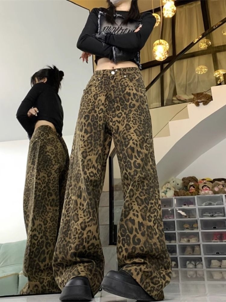 레오파드 남녀공용 와이드팬츠 힙한 프린팅 얇은 아이돌 Y2K 스트릿패션 클럽룩 댄스연습 - 상세 이미지 2