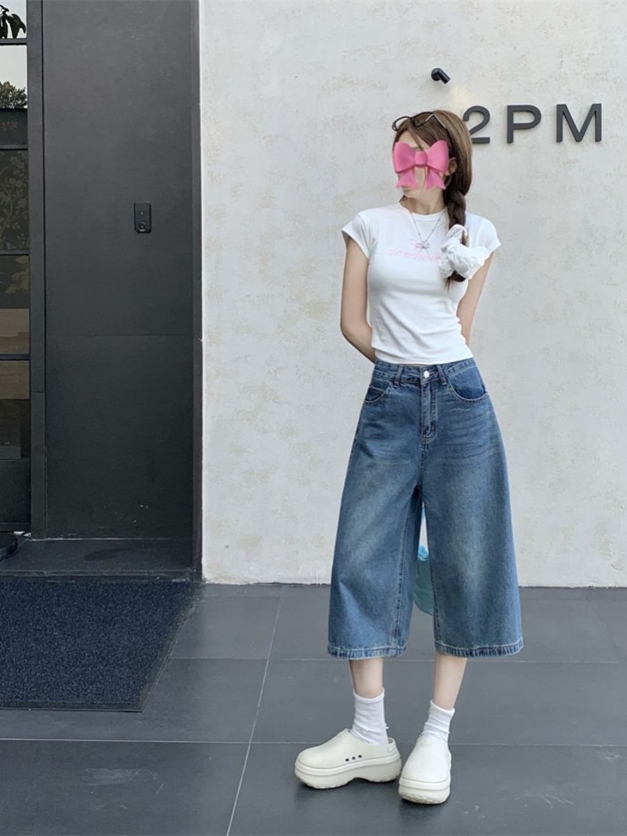 7부 워싱 청바지 하이웨스트 와이드 루즈핏 반바지 빅사이즈 캐주얼 스트릿패션 4XL까지 - 상세 이미지 4