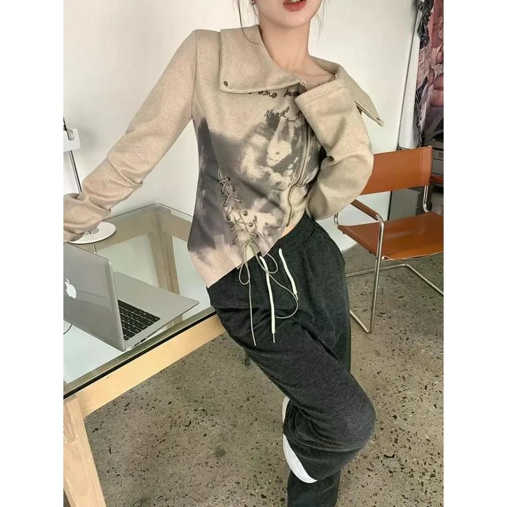 여친룩 데이트룩 빈티지 불규칙한 긴 소매 티셔츠 봄 가을 슬리밍 통통한 여성 탑 커버 오트밀 S - 메인 이미지