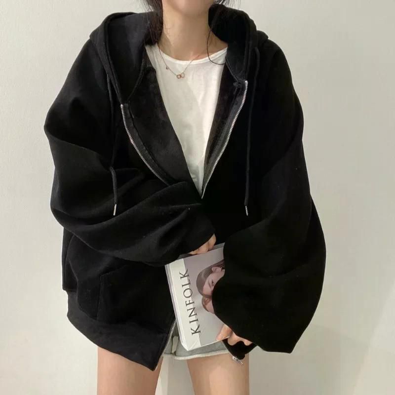 여친룩 데이트룩 세련된 얇은 후드 티셔츠 카디건 여성 트렌디 유휴 지퍼 업 자켓 탑 가을 베이지 (얇은) 4XL - 상세 이미지 3