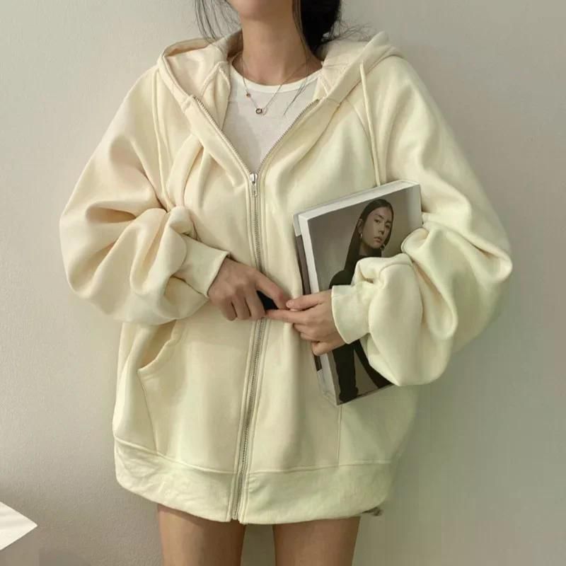 여친룩 데이트룩 세련된 얇은 후드 티셔츠 카디건 여성 트렌디 유휴 지퍼 업 자켓 탑 가을 베이지 (얇은) 4XL - 상품 이미지