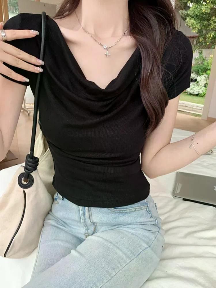 여친룩 데이트룩 솔리드 컬러 짧은 소매 탑 칼라 여성 캐주얼 티셔츠 고품질 코튼 의류 블랙 XL - 상세 이미지 4