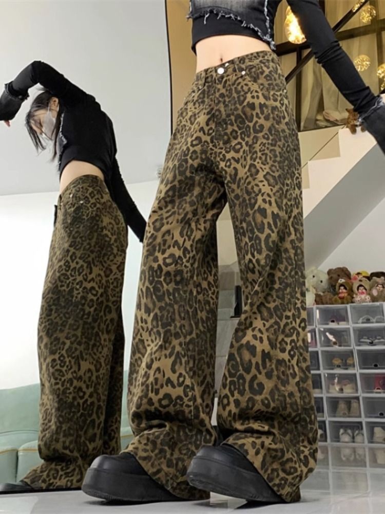 레오파드 남녀공용 와이드팬츠 힙한 프린팅 얇은 아이돌 Y2K 스트릿패션 클럽룩 댄스연습 - 상세 이미지 4