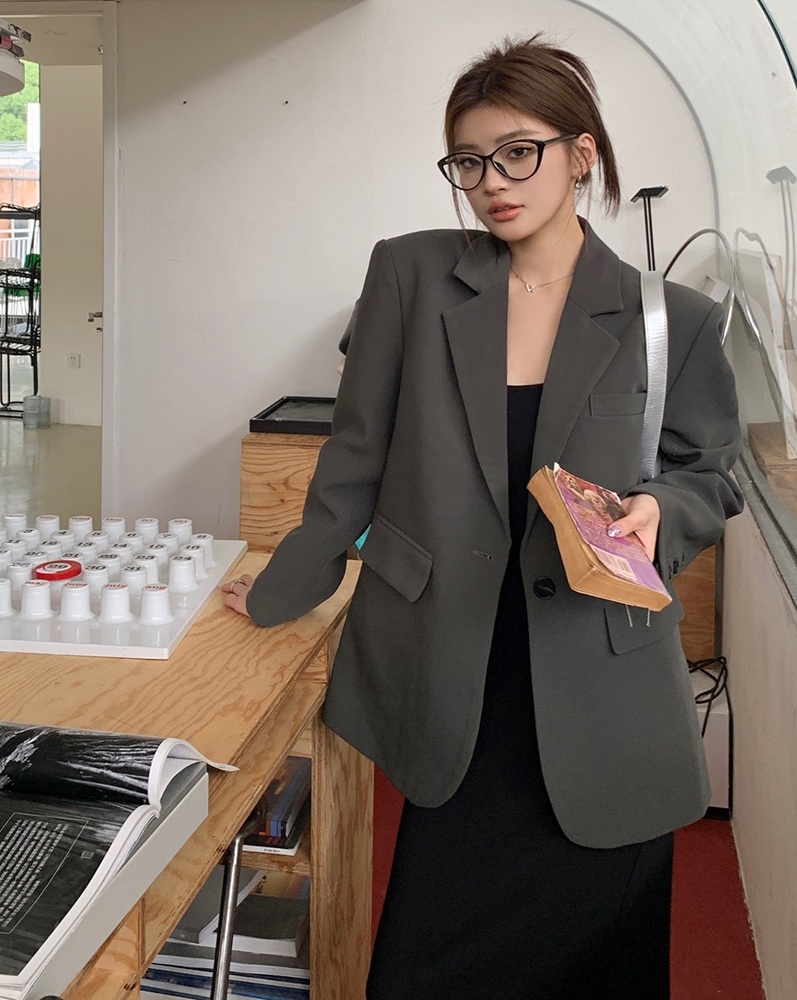 여성 가을 회색 오버핏 자켓 하객룩 오피스룩 - 상세 이미지 5