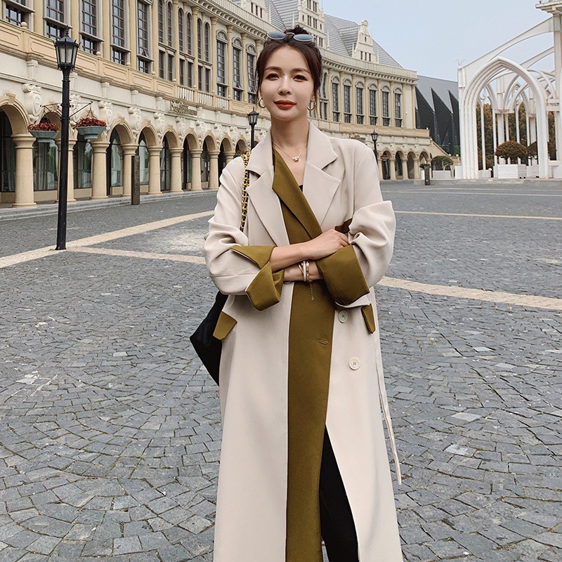 모던 투톤 배색 테일러카라 롱 트렌치코트 - 상품 이미지