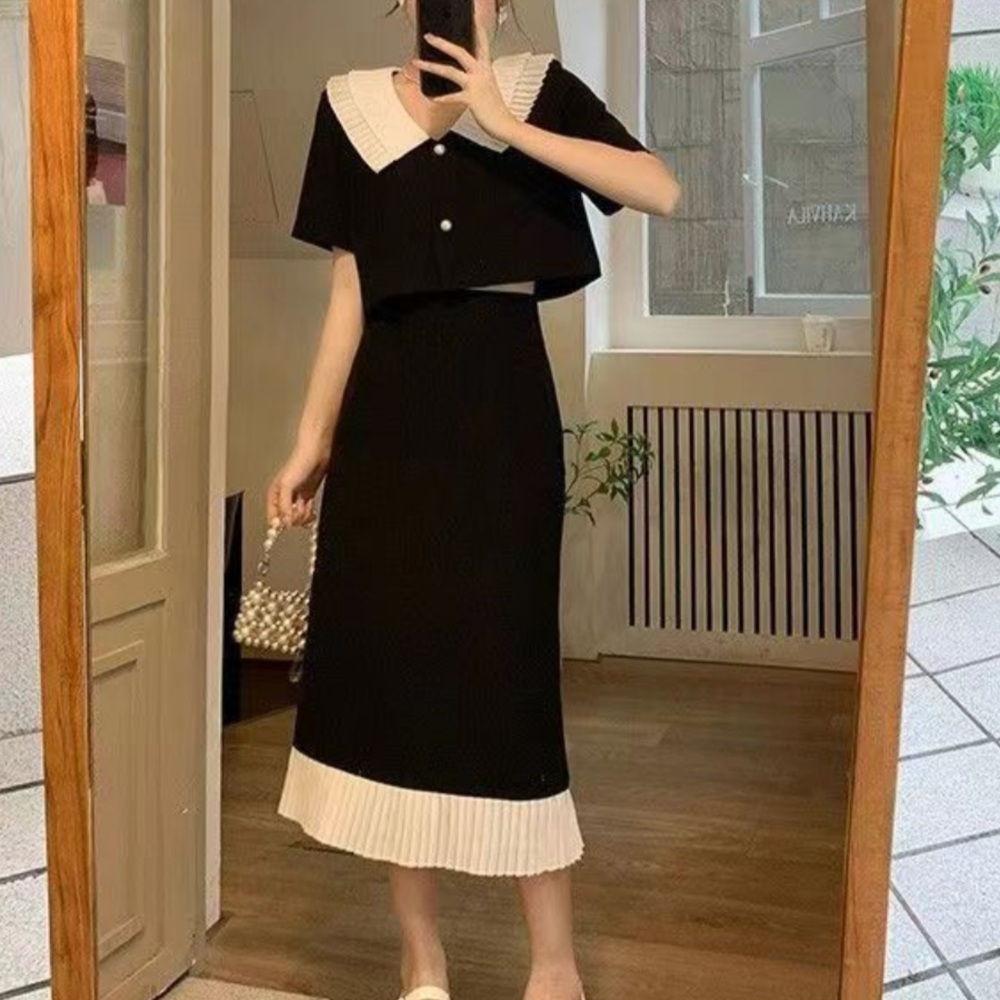 반팔블라우스 롱스커트 세트 크롭 유니크카라 밑단포인트 블랙화이트배색 여름 하객룩 4XL까지 - 상품 이미지