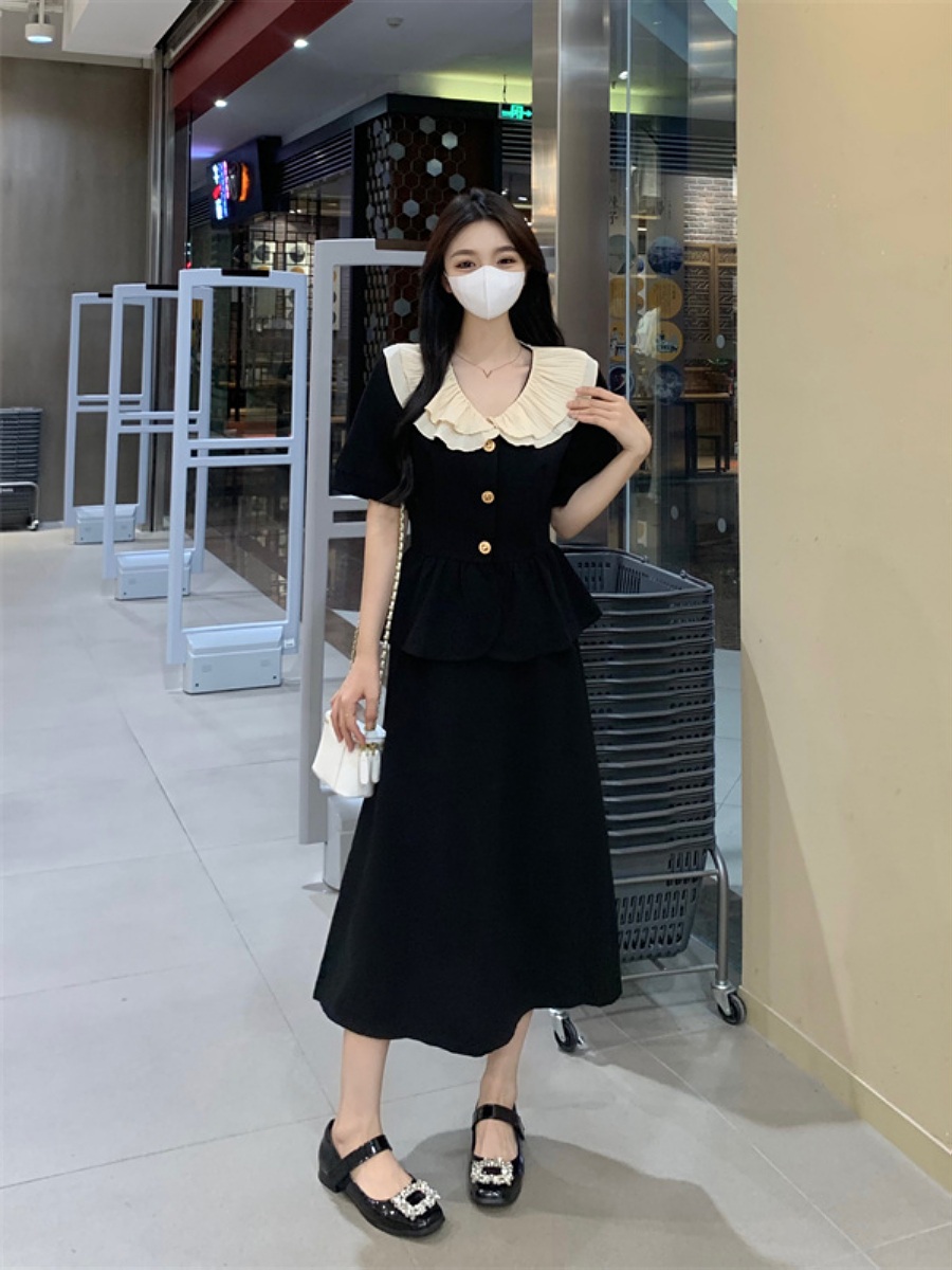프릴카라반팔블라우스 롱스커트 세트 투피스 셋업 금장단추 하이웨스트 4XL까지 하객룩 여름 - 상세 이미지 4