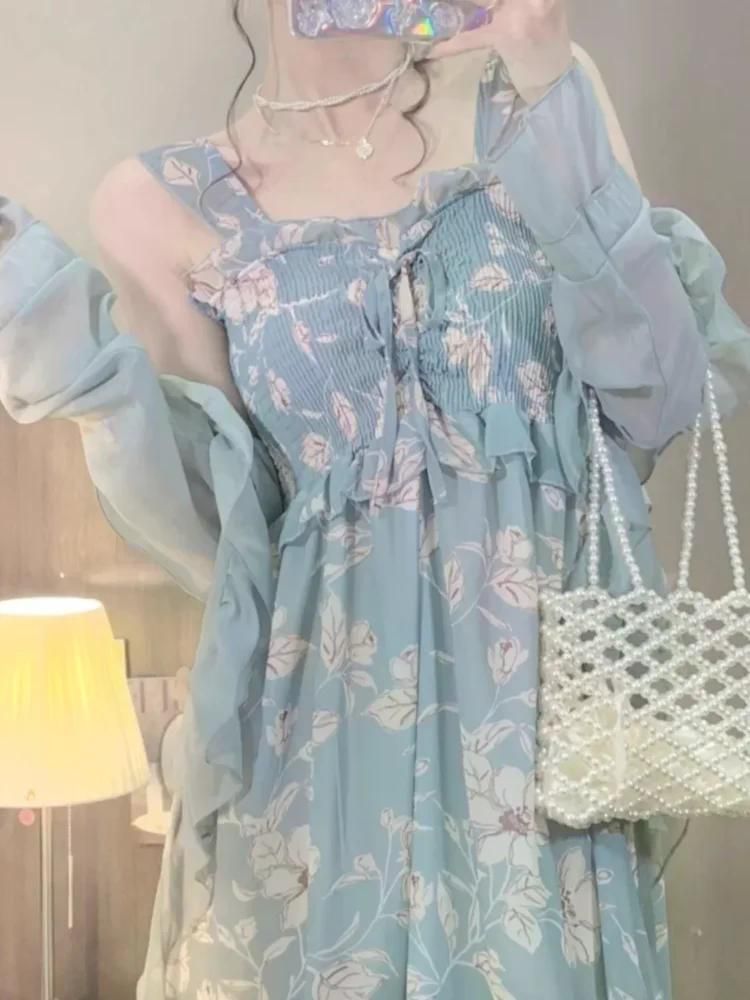여친룩 데이트룩 봄 하이 엔드 투피스 양복 긴 드레스 여성을위한 우아한 꽃 분할 탱크 37.5kg-45.0kg (가디건) - 상세 이미지 2