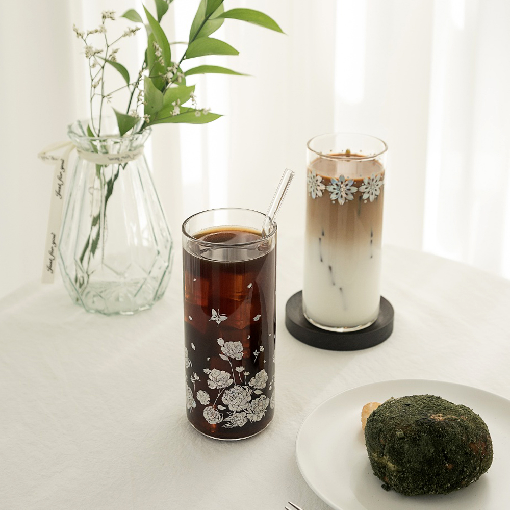 mano 영롱한 백금자개 홈카페 일자 내열 유리잔 500ml (집들이,외국인선물)