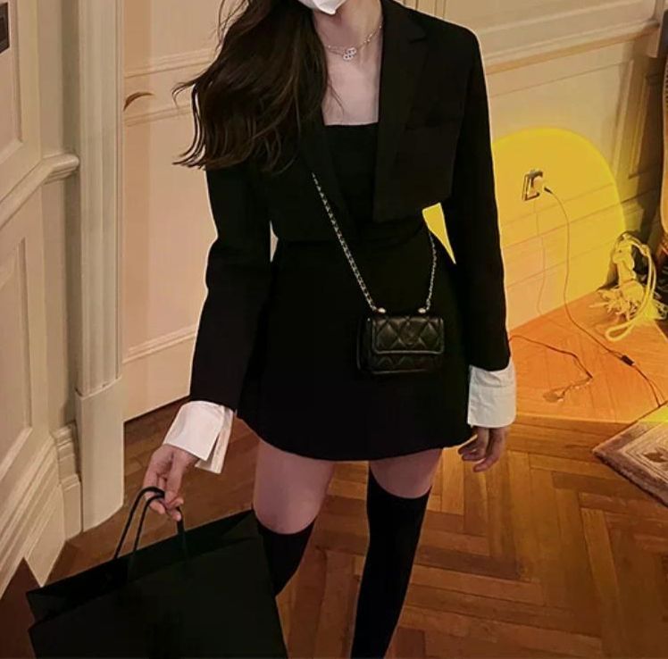 여친룩 데이트룩 블랙 투피스 원피스 세트 블레이저 코트 스트랩 캐주얼 슬림 우아한 신상 블랙 S 이미지 6