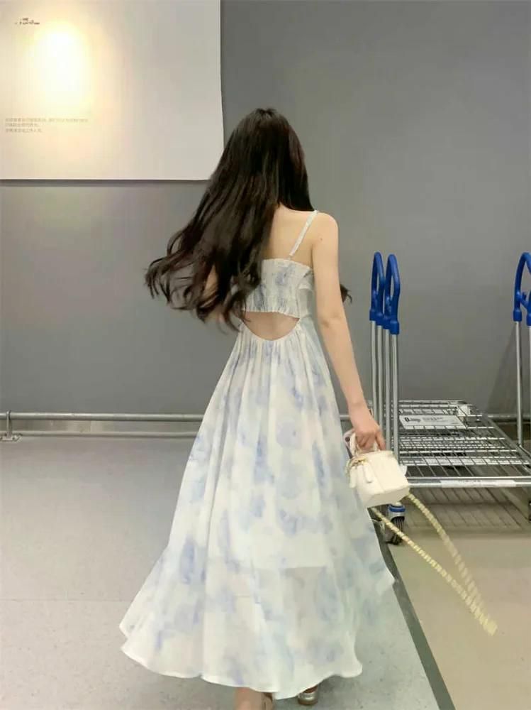 초자연 쉬폰 꽃 탱크 드레스 새로운 2024 여성 봄 허리 장착 슬리밍 a 라인 롱 플리츠 S - 상세 이미지 2