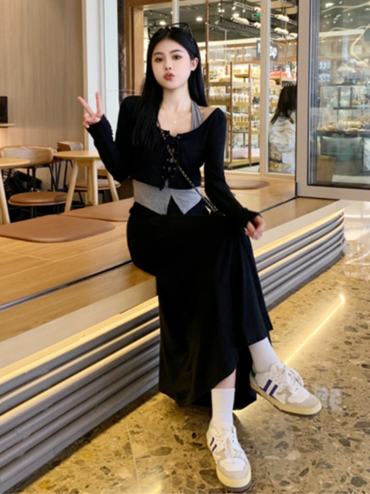 홀터넥나시 가디건 롱스커트세트 쓰리피스 셋업 빅사이즈 4XL까지 휴가 여행 데일리 2컬러 - 상세 이미지 4