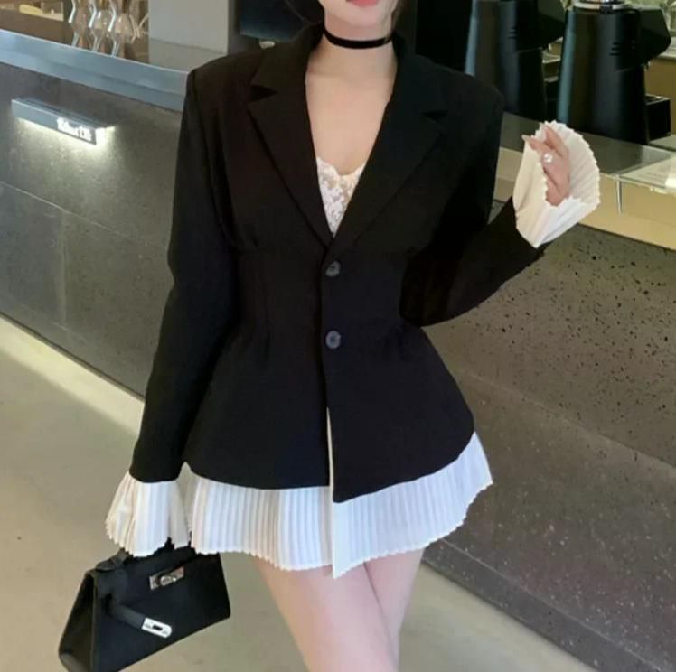 여친룩 데이트룩 블레이저 코트 여성용 세트 재킷 싱글 브레스트 긴 소매 블랙 슬림 아우터 S - 상세 이미지 4
