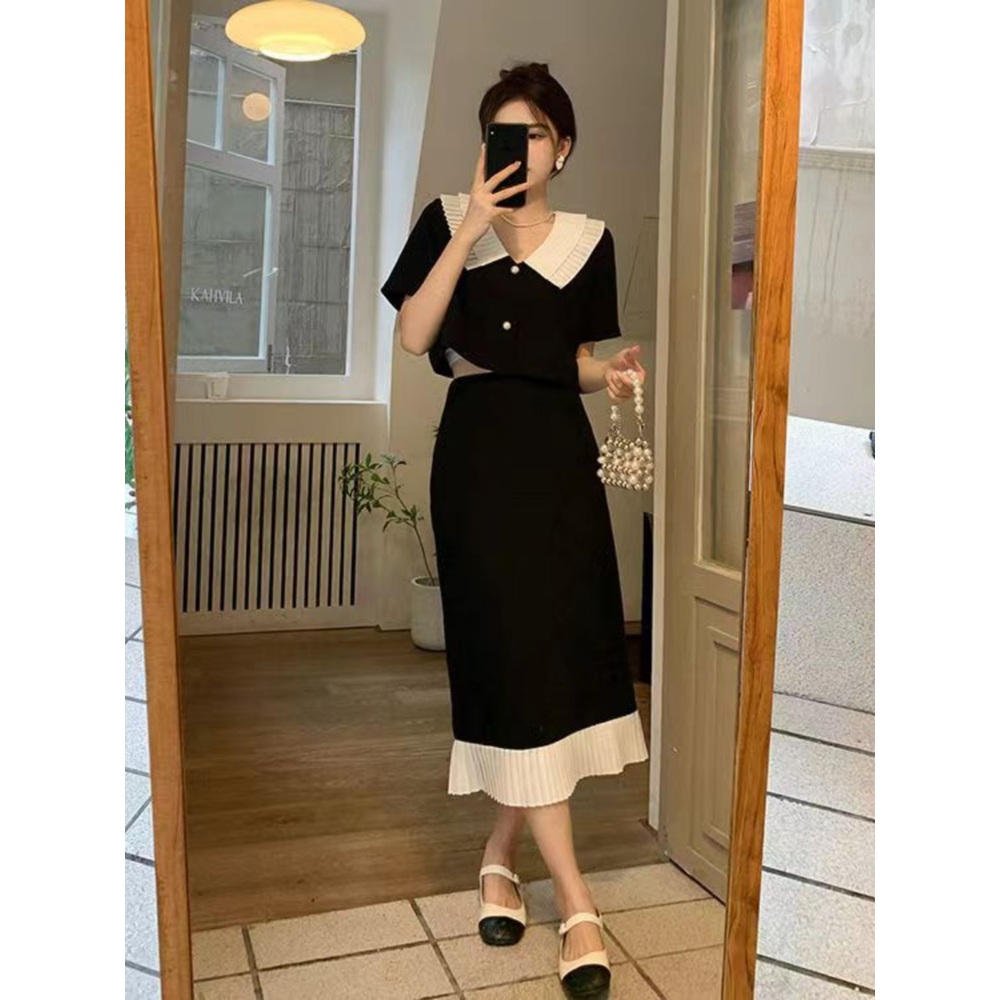 반팔블라우스 롱스커트 세트 크롭 유니크카라 밑단포인트 블랙화이트배색 여름 하객룩 4XL까지 - 상세 이미지 5