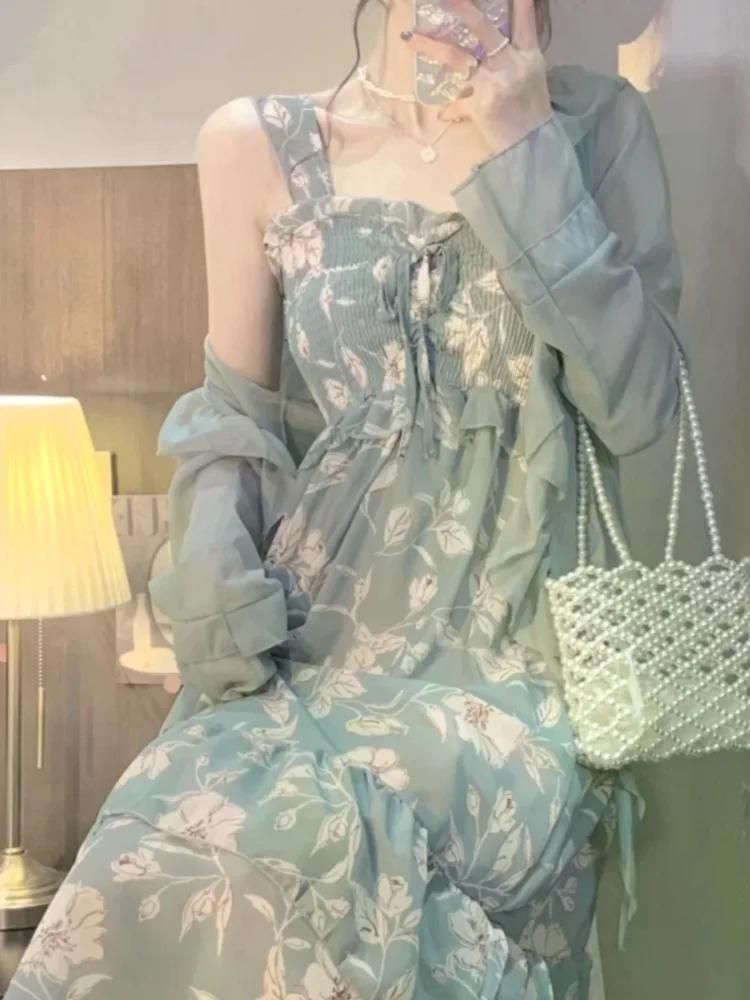 여친룩 데이트룩 봄 하이 엔드 투피스 양복 긴 드레스 여성을위한 우아한 꽃 분할 탱크 37.5kg-45.0kg (가디건) - 상세 이미지 3