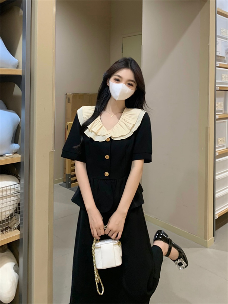 프릴카라반팔블라우스 롱스커트 세트 투피스 셋업 금장단추 하이웨스트 4XL까지 하객룩 여름 - 상세 이미지 2