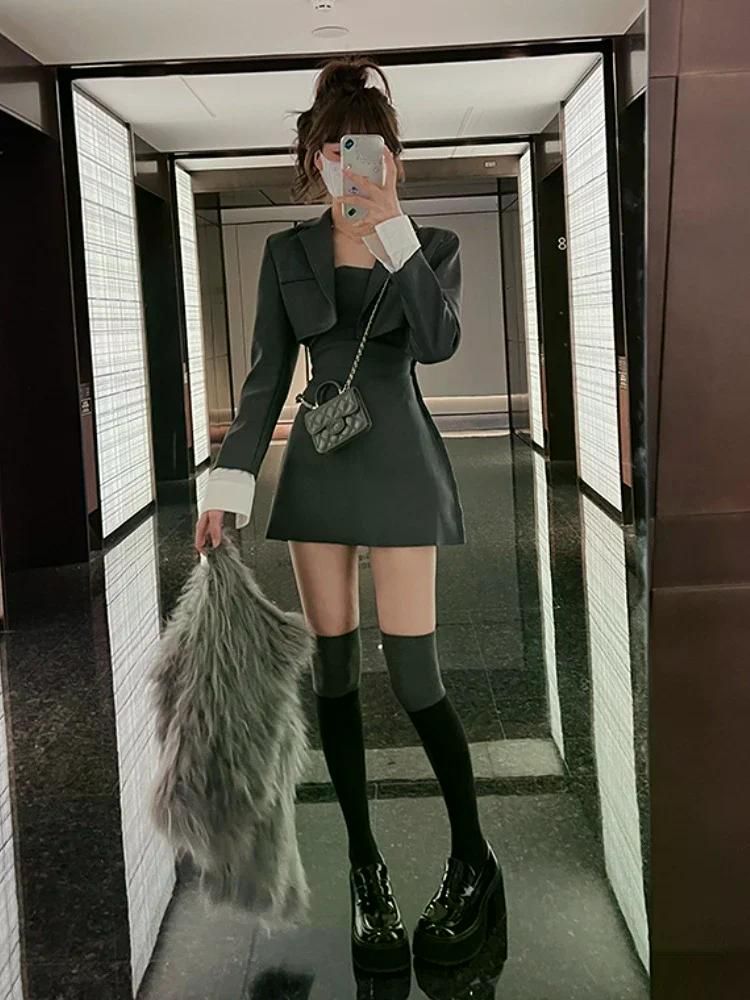 여친룩 데이트룩 블랙 투피스 원피스 세트 블레이저 코트 스트랩 캐주얼 슬림 우아한 신상 블랙 S - 상세 이미지 4